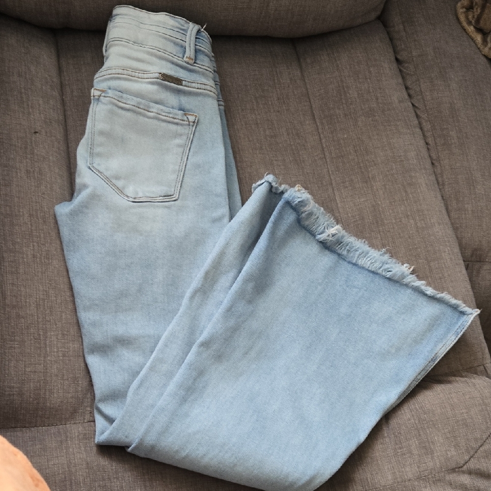 KanCan Light Blue Wide Leg Flare Jeans with Frayed Hem
